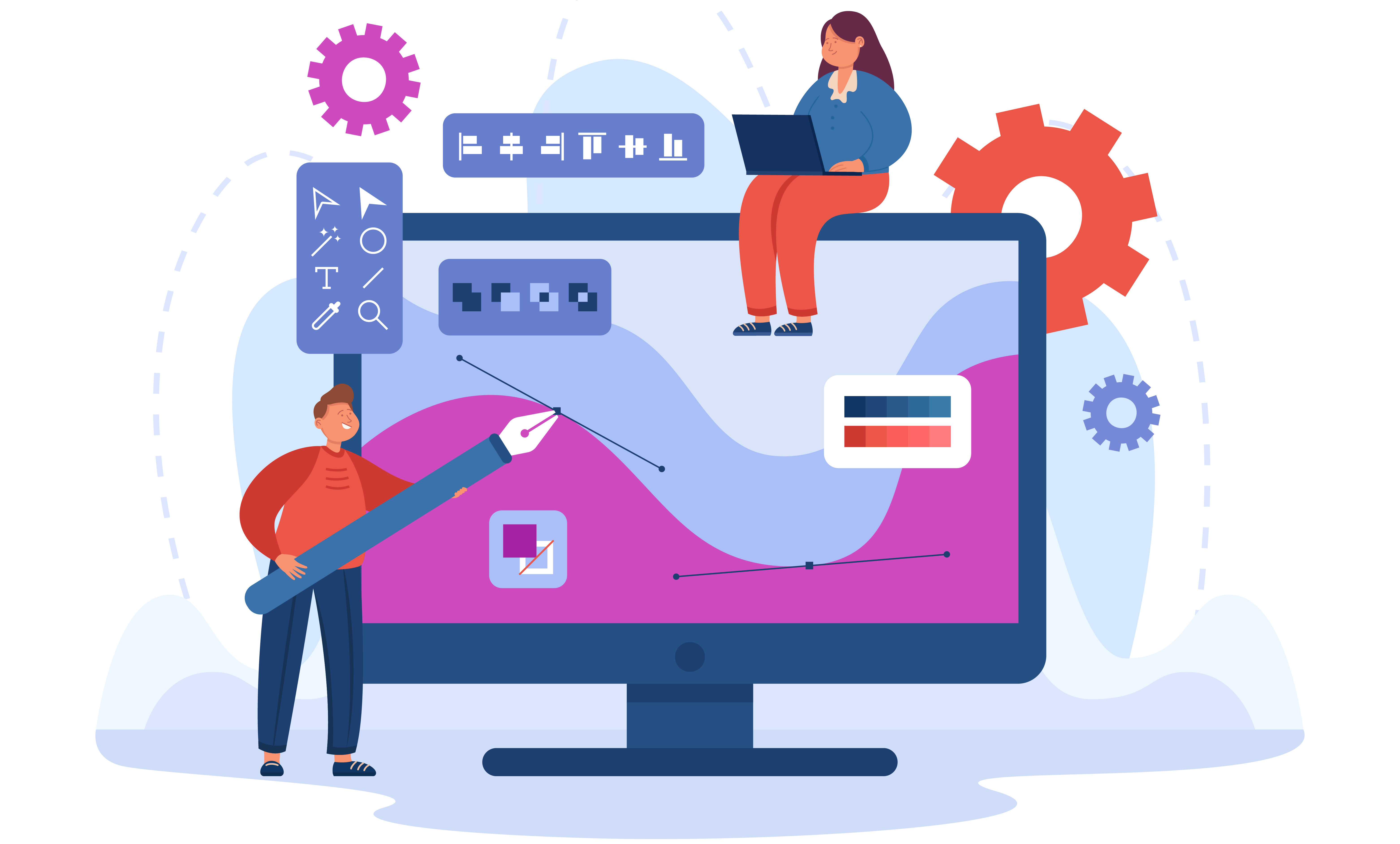 Tiny graphic designer drawing with big pen on computer screen